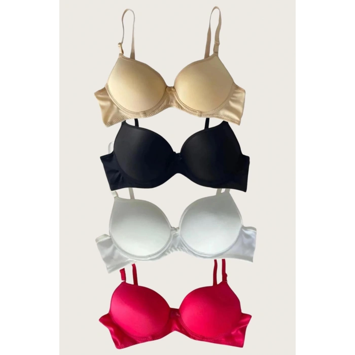 MDB MdbShop Siyah-Beyaz-Kırmızı-Ten 4lü Dolgulu Push Up Micro Balenli Günlük Tek Destekli Sütyen