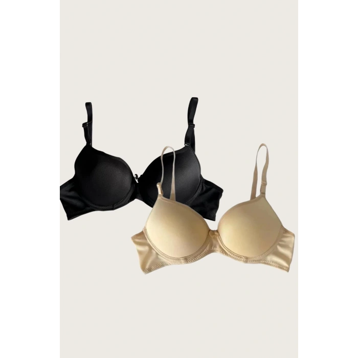 MDB MdbShop Siyah-Ten 2li Mikro Kumaş Push Up Dolgulu Balenli Günlük Destekli Sütyen