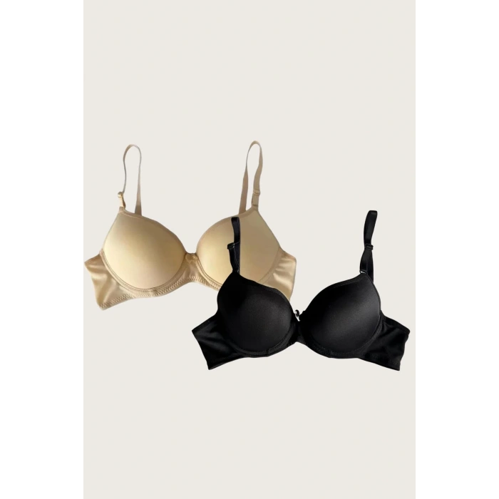 MDB MdbShop Siyah-Ten 2li Mikro Kumaş Push Up Dolgulu Balenli Günlük Destekli Sütyen