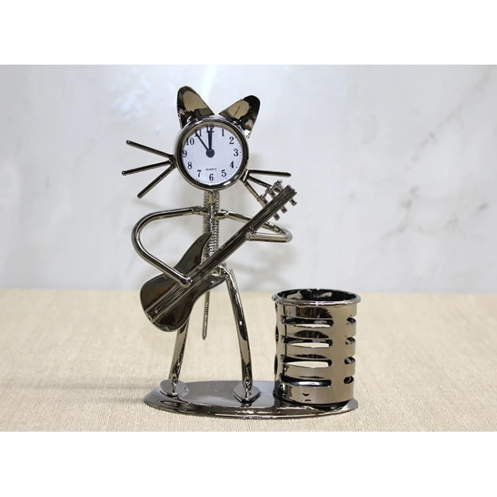 MDB Metal Gitar Çalan Müzisyen Kedi Saat Ve Kalemlik