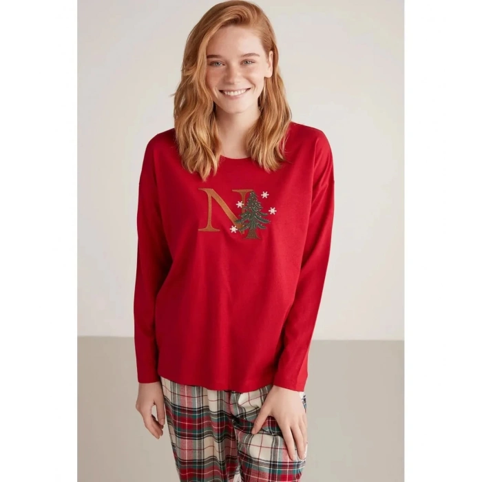 MDB Nautıca W606 Kadın Uzun Kollu Ekoseli Pijama Takımı