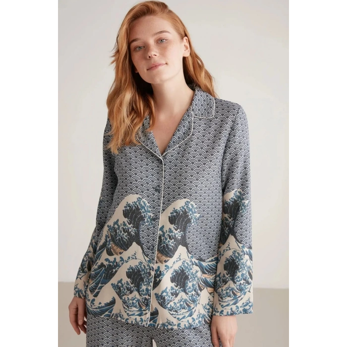 MDB Nautıca W617 Kadın Uzun Kollu Önden Düğmeli Pijama Takımı