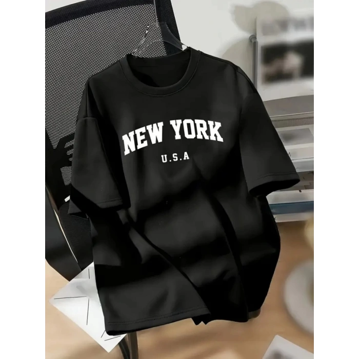 MDB New York Baskılı Oversize Bisiklet Yaka Tshirt  iyah