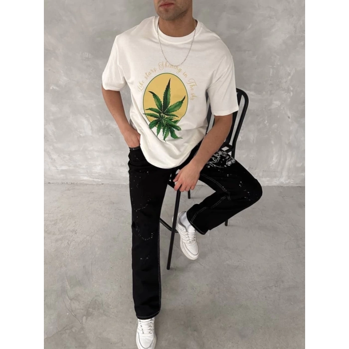 MDB Ön Ve Arka Baskılı Oversize Bisiklet Yaka Tshirt Beyaz