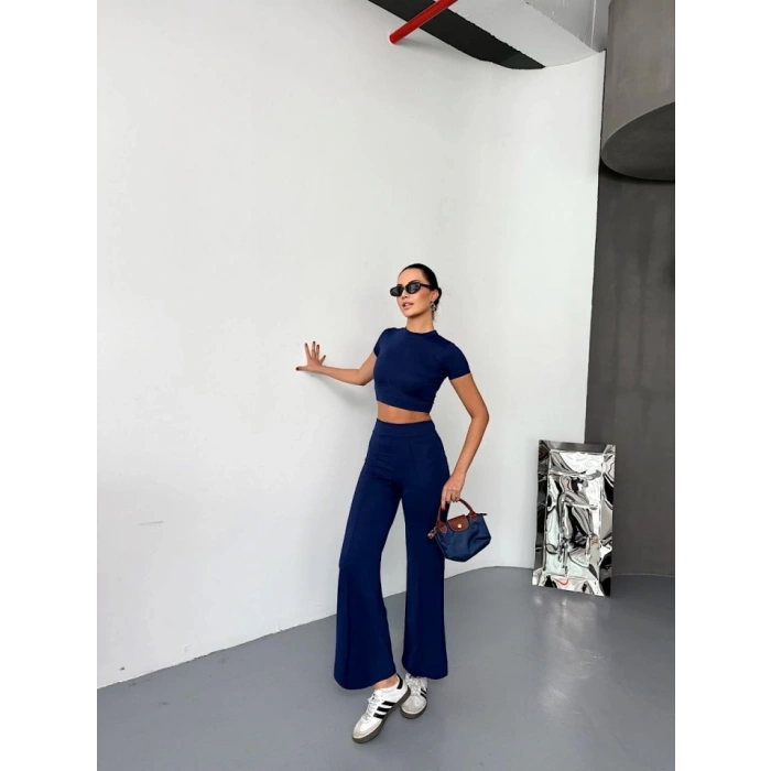 MDB Osy odal Yumuşak Dokulu Kumaş Kısa Kollu Crop Alt Ispanyol Paça Pantalon Ikili Takım  acivert