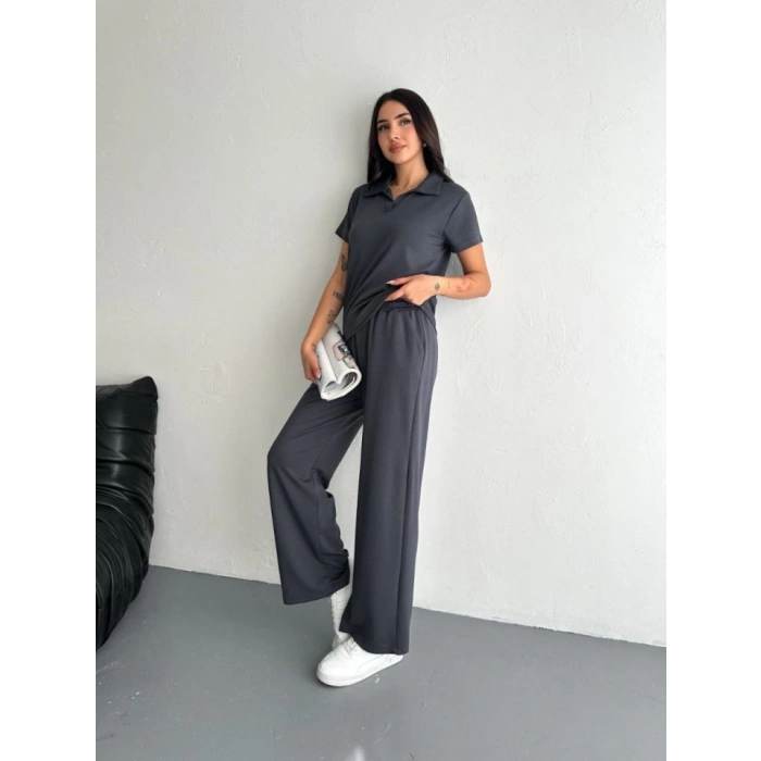 MDB Osy odal Yumuşak Dokulu Kumaş Kısa Kollu Yakalı Tshirt Pantalon Ikili Takım Antrasit