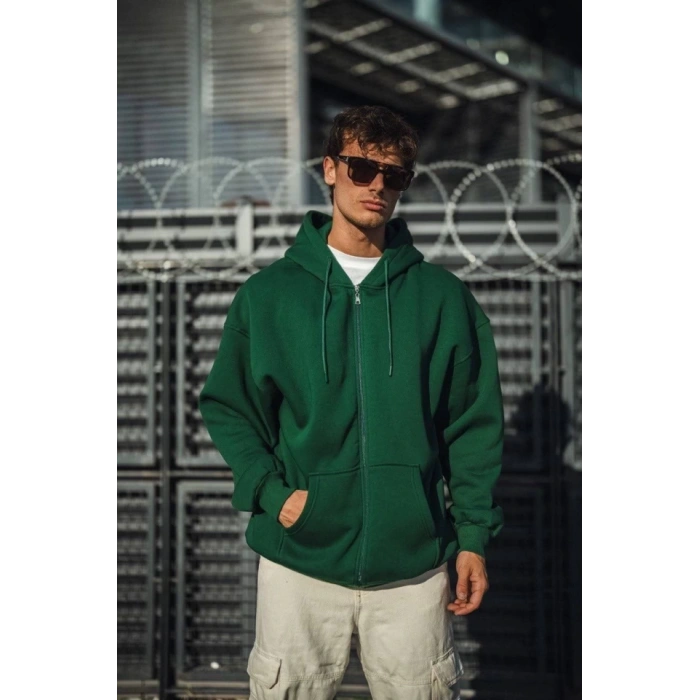 MDB Oversize Tam Fermuarlı Uzun Kol Hırka  Haki