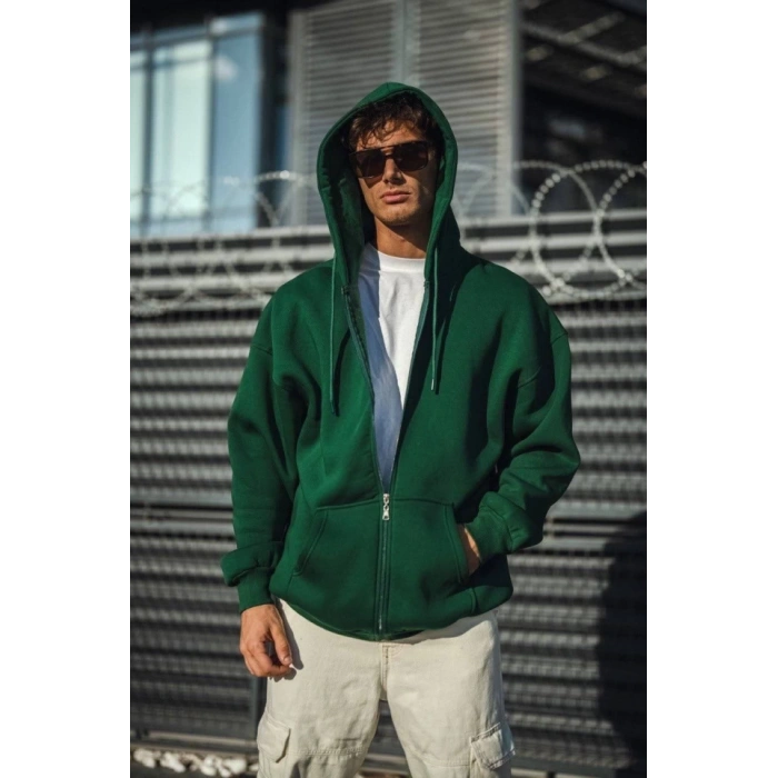 MDB Oversize Tam Fermuarlı Uzun Kol Hırka  Haki