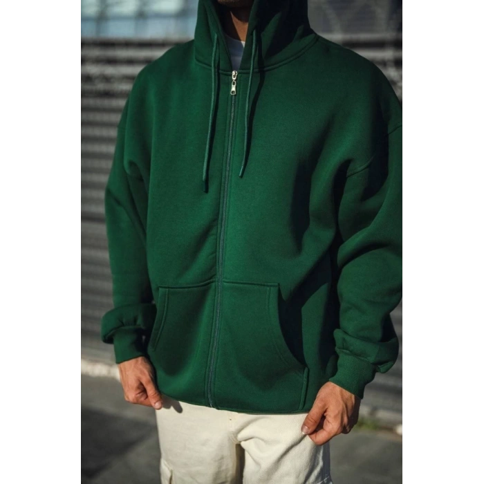 MDB Oversize Tam Fermuarlı Uzun Kol Hırka  Haki