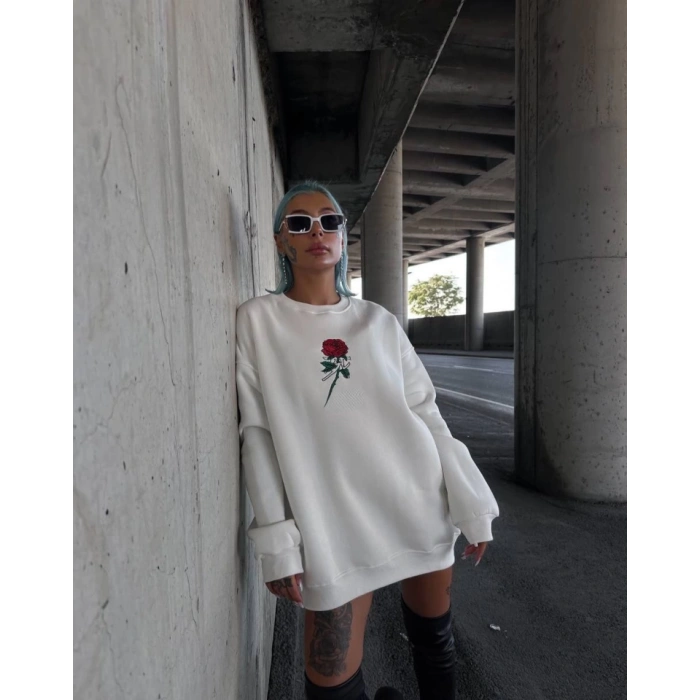 MDB Oversize Üç İplik Bisiklet Yaka Baskılı weathirt  Beyaz