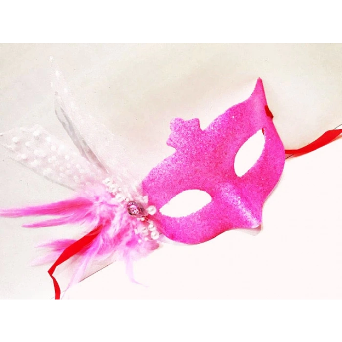 Parti Aksesuar Sim İşlemeli İnci Boncuk Detaylı Tüylü Balo Maskesi Pembe Renk 13x18 cm