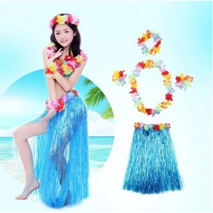 Parti Luau Aloha Havaii Partisi  Etek Taç ve Bileklik Seti Mavi