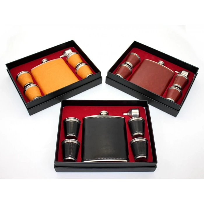 MDB Paslanmaz Çelik 4 Shot Bardaklı Derili Matara Seti Model 2