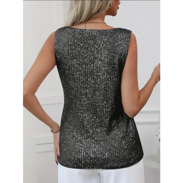 MDB Pul Payetli Sıfır Kol Bluz Siyah