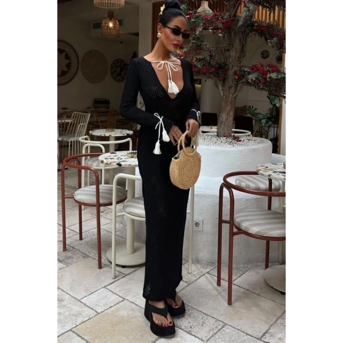 MDB Püskül Bağcık Detaylı V Yaka Ajurlu Elbise 2850