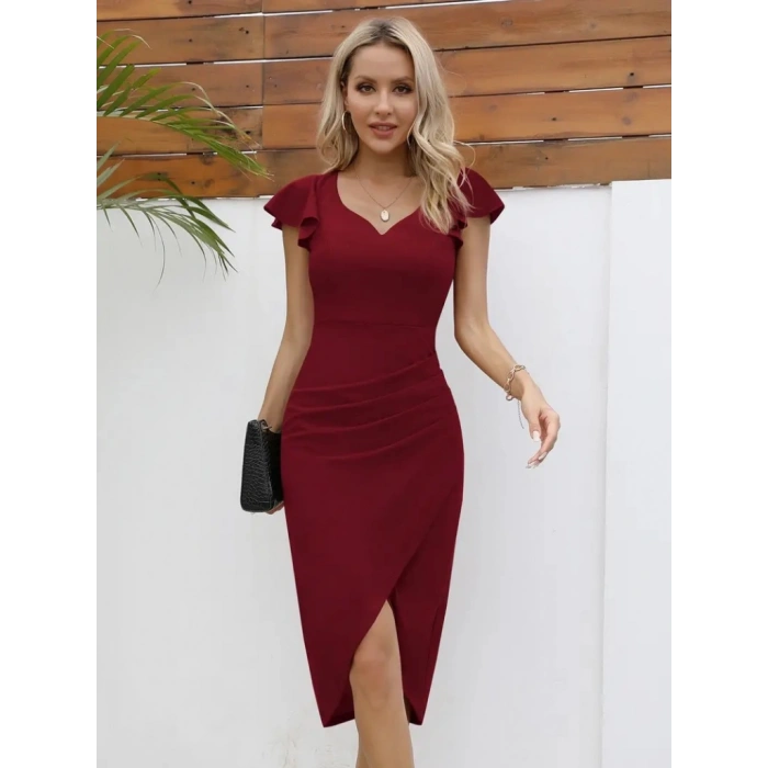 MDB QKadın Kısa Kollu Kalp Yaka Yanlardan Büzgü Detay Midi Janjan Krep Elbise