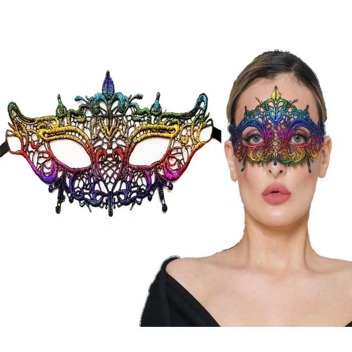 MDB Rengarenk Dantel Kesim Gökkuşağı Balo Maskesi