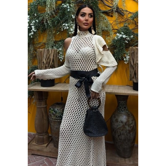 MDB Saten Kuşaklı Ajurlu Triko Elbise 2847