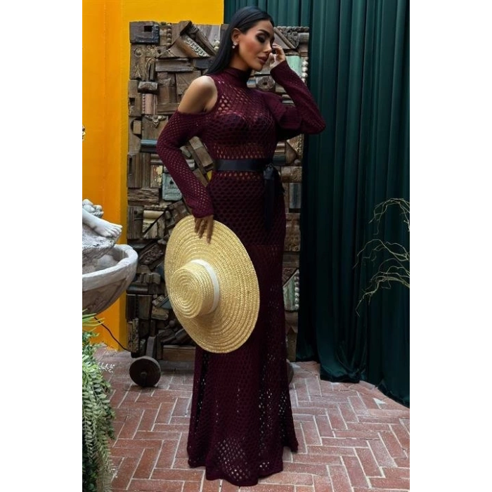 MDB Saten Kuşaklı Ajurlu Triko Elbise 2847