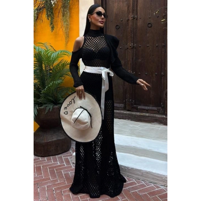 MDB Saten Kuşaklı Ajurlu Triko Elbise 2847