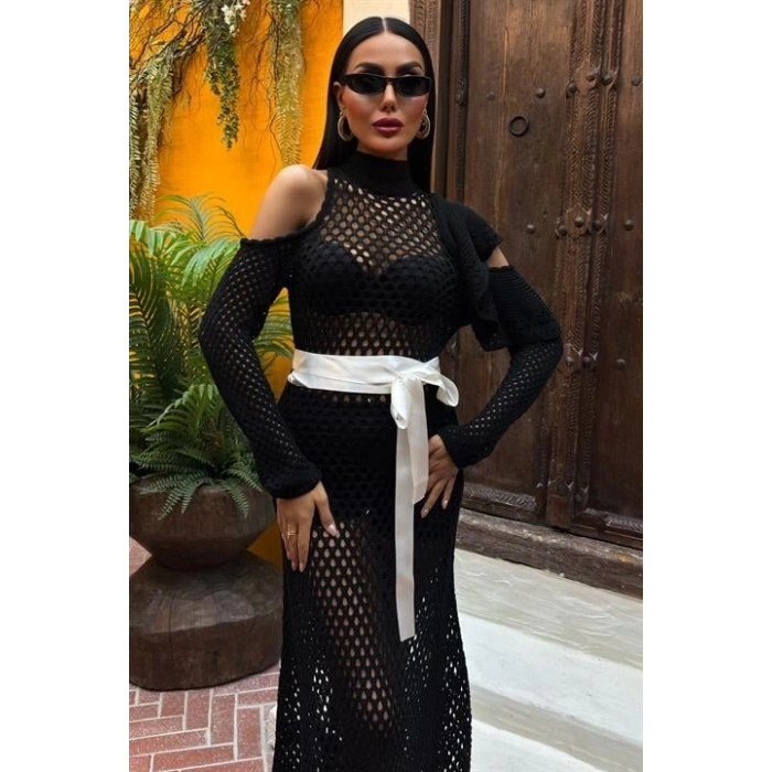 MDB Saten Kuşaklı Ajurlu Triko Elbise 2847