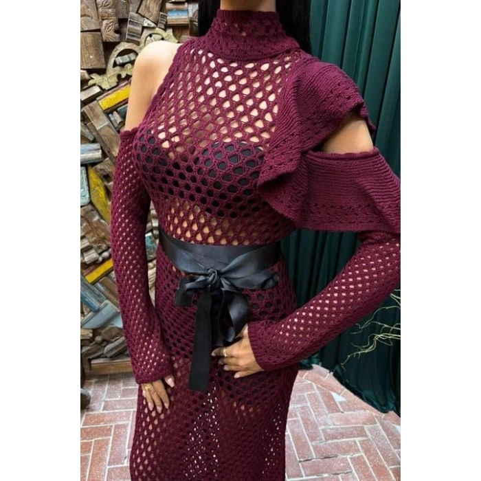 MDB Saten Kuşaklı Ajurlu Triko Elbise 2847