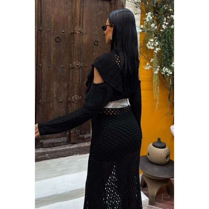 MDB Saten Kuşaklı Ajurlu Triko Elbise 2847