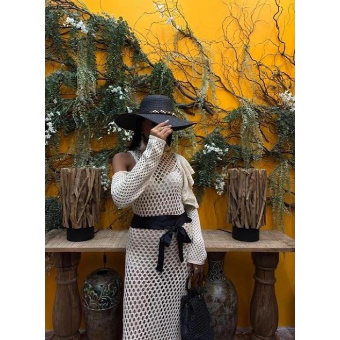 MDB Saten Kuşaklı Ajurlu Triko Elbise 2847