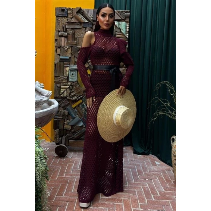 MDB Saten Kuşaklı Ajurlu Triko Elbise 2847