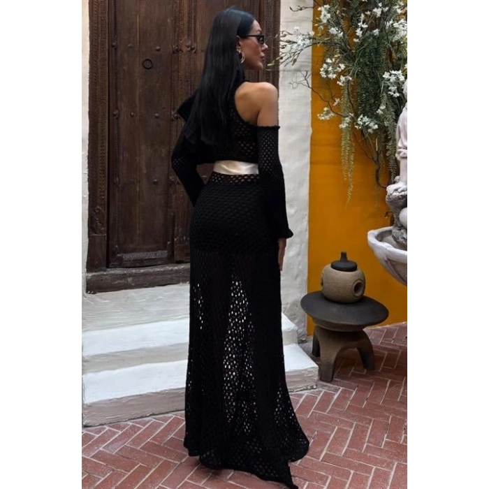 MDB Saten Kuşaklı Ajurlu Triko Elbise 2847