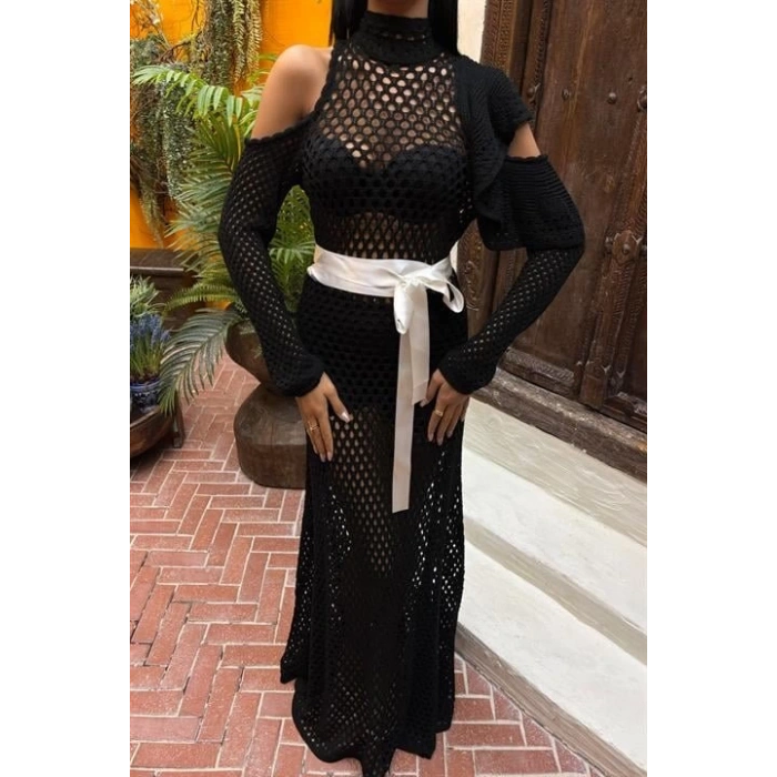 MDB Saten Kuşaklı Ajurlu Triko Elbise 2847