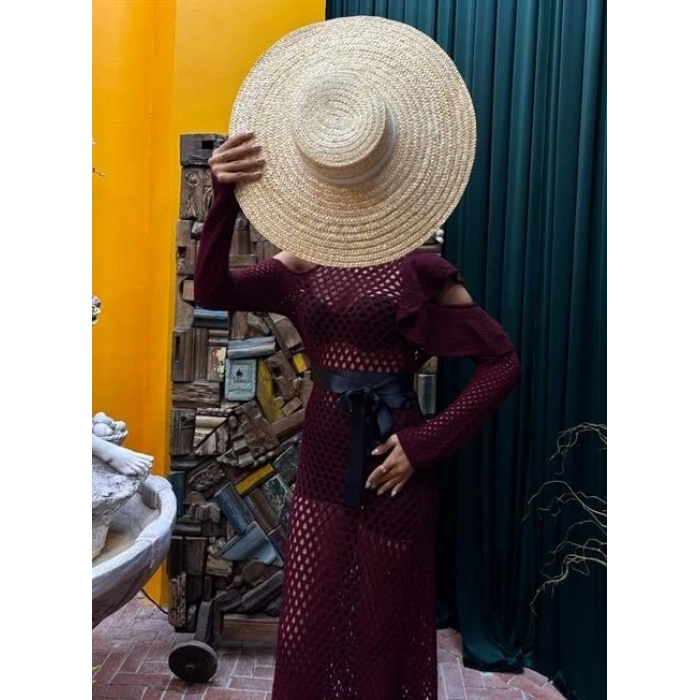 MDB Saten Kuşaklı Ajurlu Triko Elbise 2847