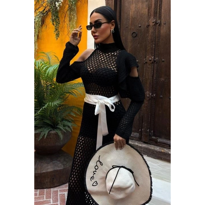 MDB Saten Kuşaklı Ajurlu Triko Elbise 2847