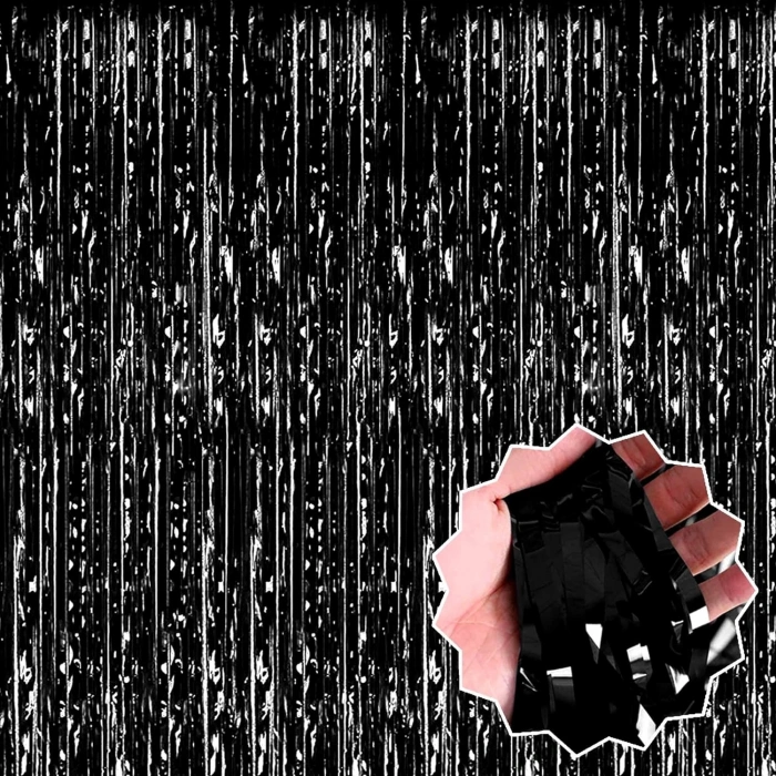 MDB Siyah Ekstra Metalize Parlak Saçaklı Arka Fon Perde