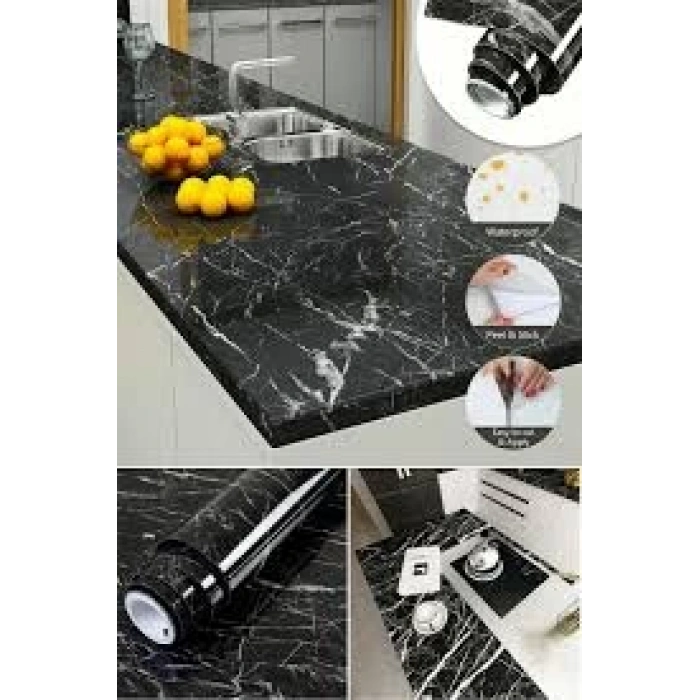 Siyah Mermer Desenli Yapışkanlı Tezgah Folyosu (3 mt.x 60 cm)