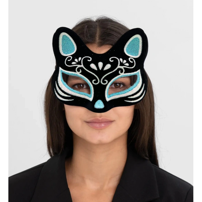 MDB Siyah Süet Gümüş Mavi Simli Kedi Maskesi