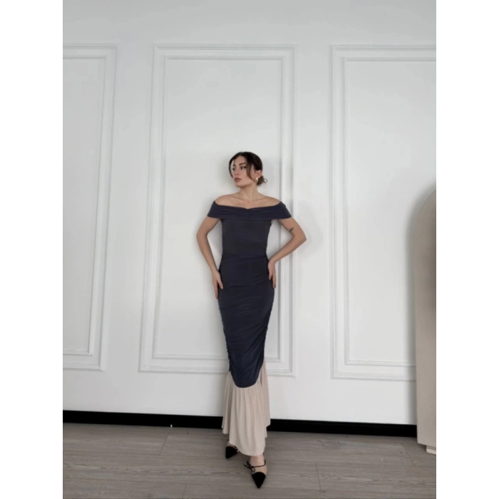 MDB triptiz Omuzlu Uzun Elbise Füme