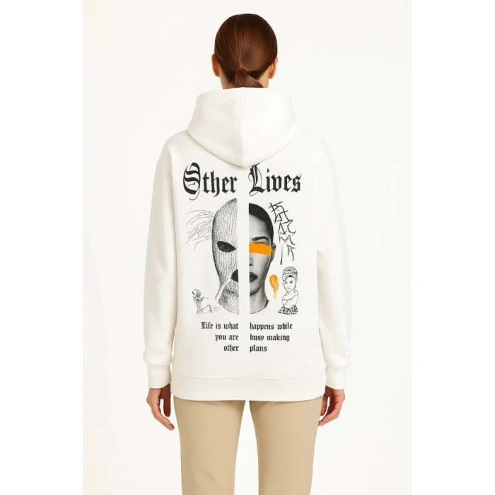 MDB Üç İplik Kapşonlu ön Ve Arka Baskılı weathirt Hoodie Beyaz