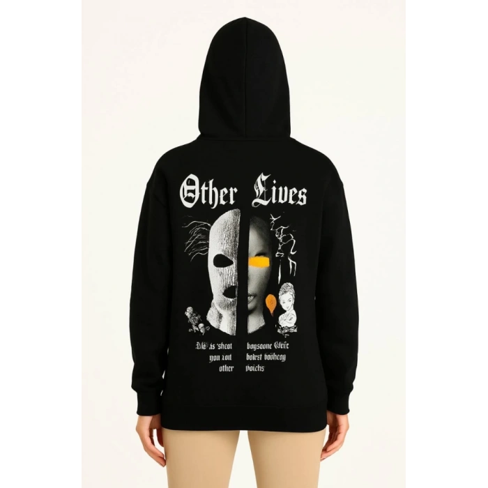 MDB Üç İplik Kapşonlu ön Ve Arka Baskılı weathirt Hoodie iyah