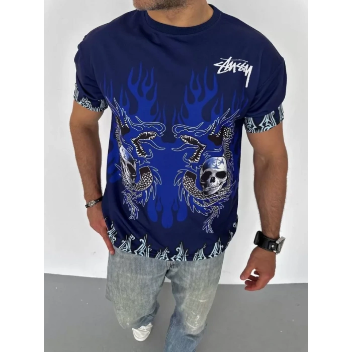 MDB Unisex Bisiklet Yaka Baskılı Oversize Thirt  acivert