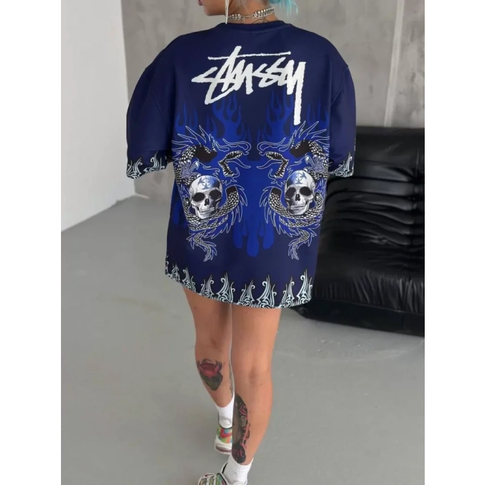 MDB Unisex Bisiklet Yaka Baskılı Oversize Thirt  acivert