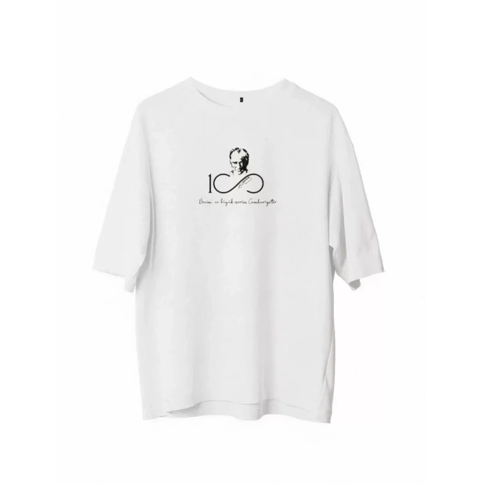 MDB Unisex Bisiklet Yaka Baskılı Oversize Thirt  Beyaz