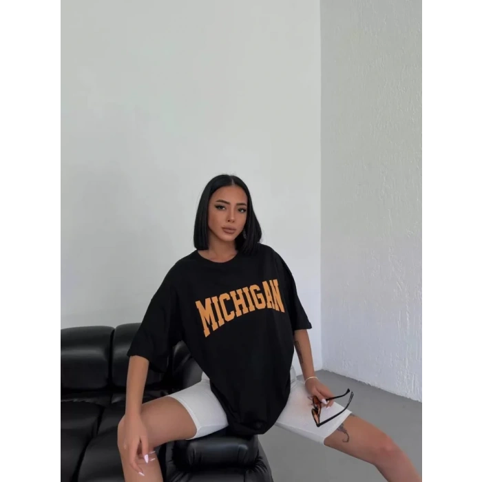 MDB Unisex Bisiklet Yaka Baskılı Oversize Thirt  Beyaz