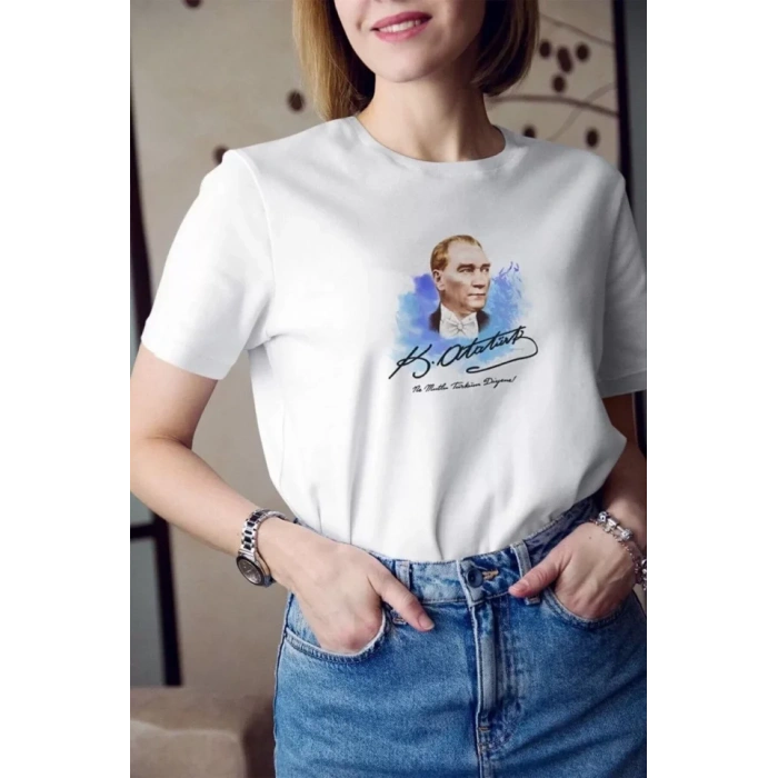 MDB Unisex Bisiklet Yaka Baskılı Oversize Thirt  Beyaz