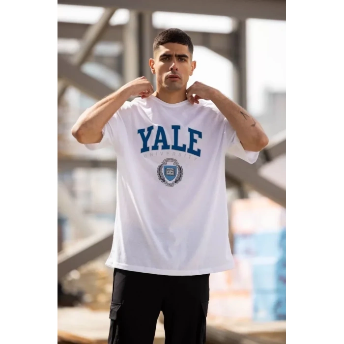 MDB Unisex Bisiklet Yaka Baskılı Oversize Thirt  Beyaz