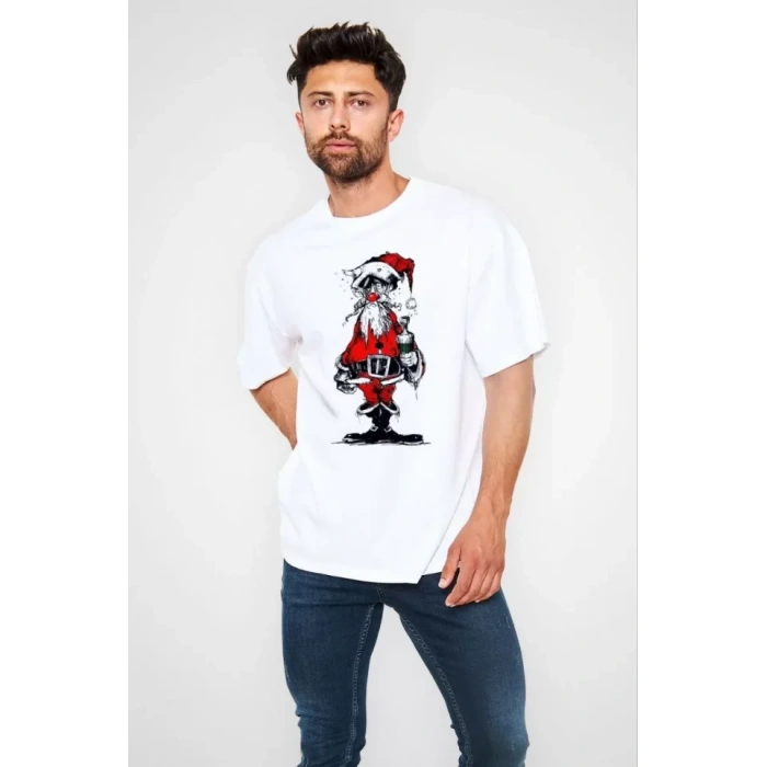 MDB Unisex Bisiklet Yaka Baskılı Oversize Thirt  Beyaz