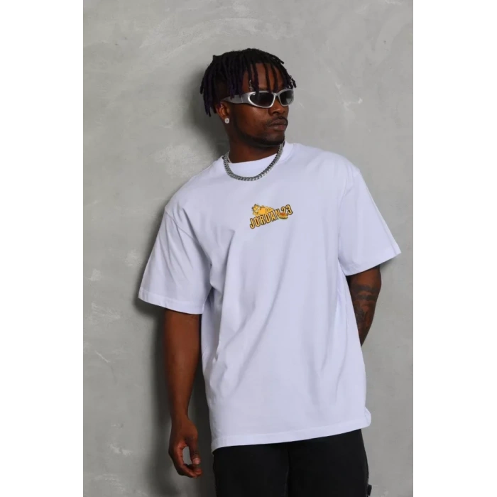 MDB Unisex Bisiklet Yaka Baskılı Oversize Thirt  Beyaz