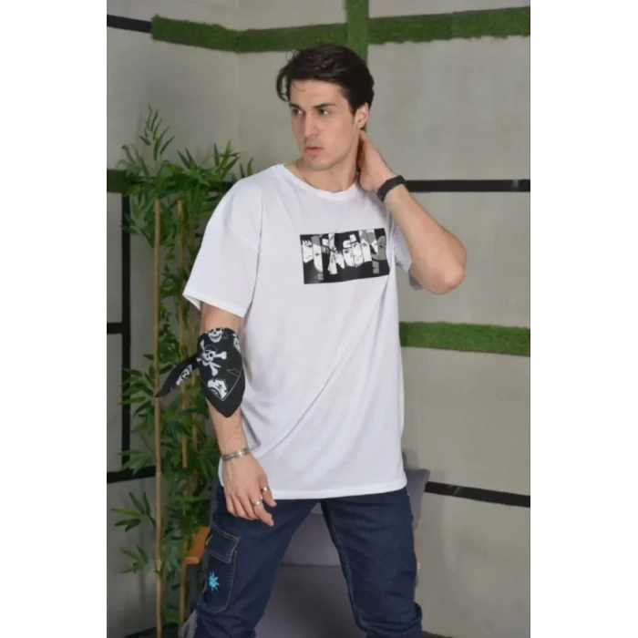 MDB Unisex Bisiklet Yaka Baskılı Oversize Thirt  Beyaz