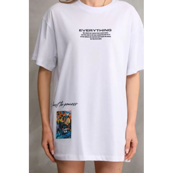 MDB Unisex Bisiklet Yaka Baskılı Oversize Thirt  Beyaz