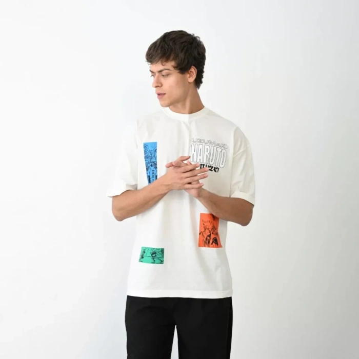 MDB Unisex Bisiklet Yaka Baskılı Oversize Thirt  Beyaz